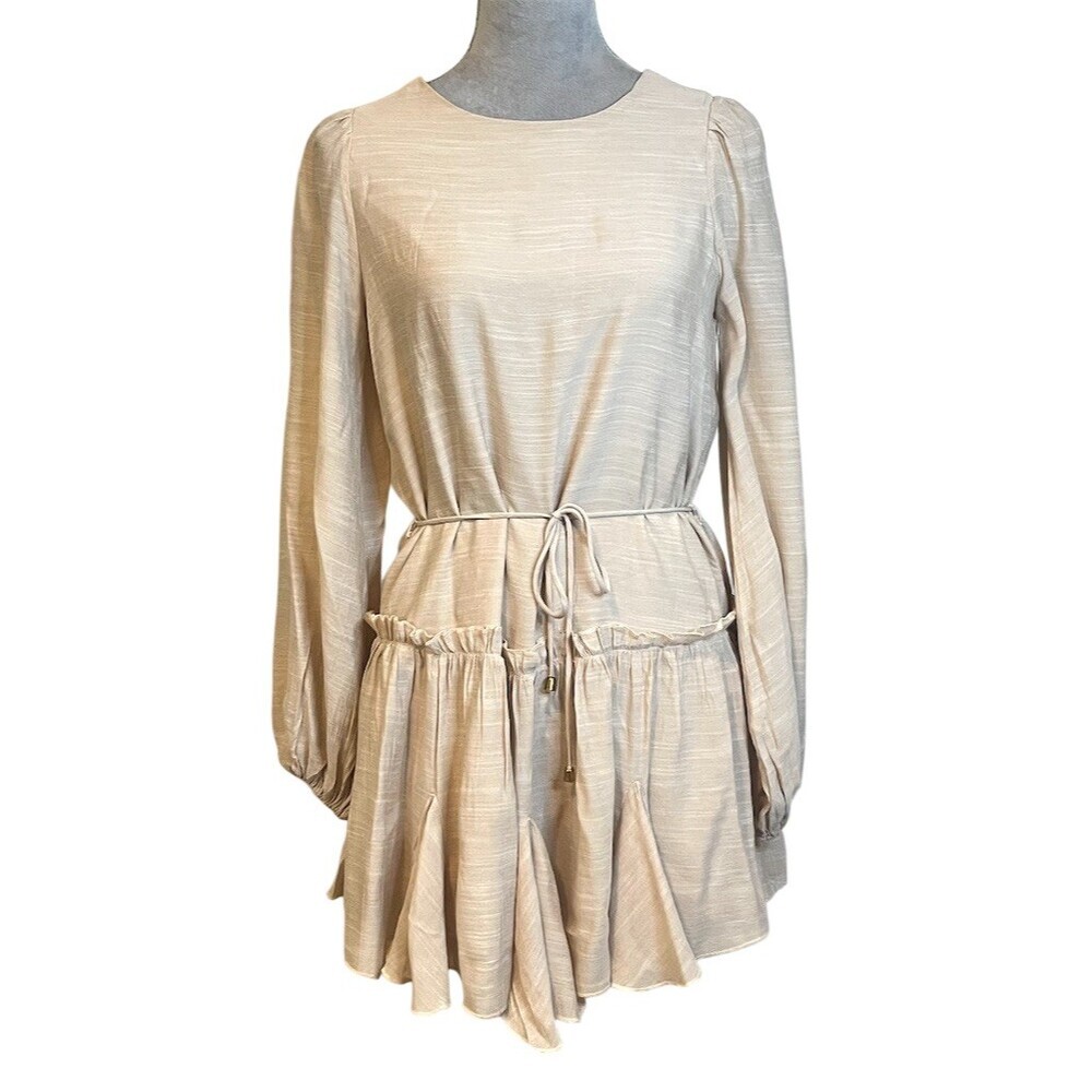 Y2k Beige Mini Tiered Layered Dress S Tie Waist Summer Spring Party - Picture 2 of 12